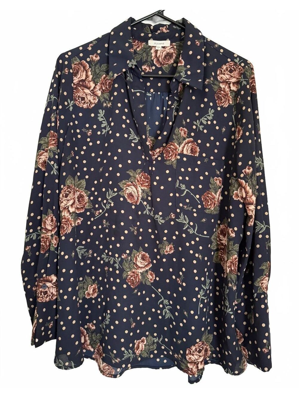 Pleione Women's Blouse Tunic Size Large Floral Polka Dot Coquette Cottage Retro